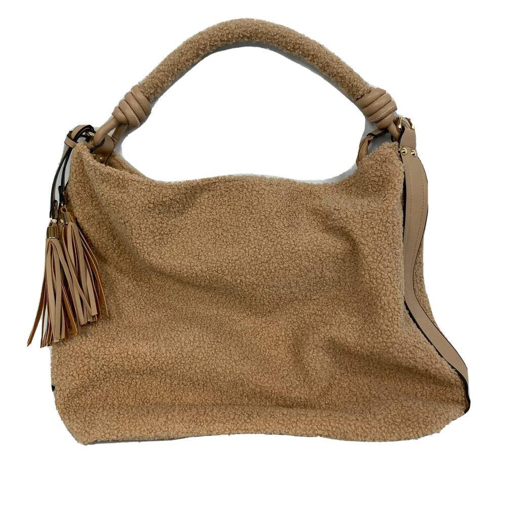 NWT Jen‎ & Co Handbag Purse Beige Sherpa Vegan Leather Tassels Pockets Zip Strap
